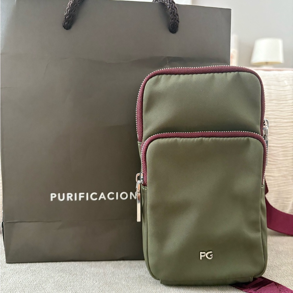 PURIFICACION Olive green Mini Crossbody with Burgundy Trim